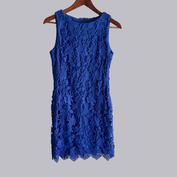 Ralph Lauren Cobalt Blue Floral Overlay Lined Dress Size 4 - Picture 12 of 16